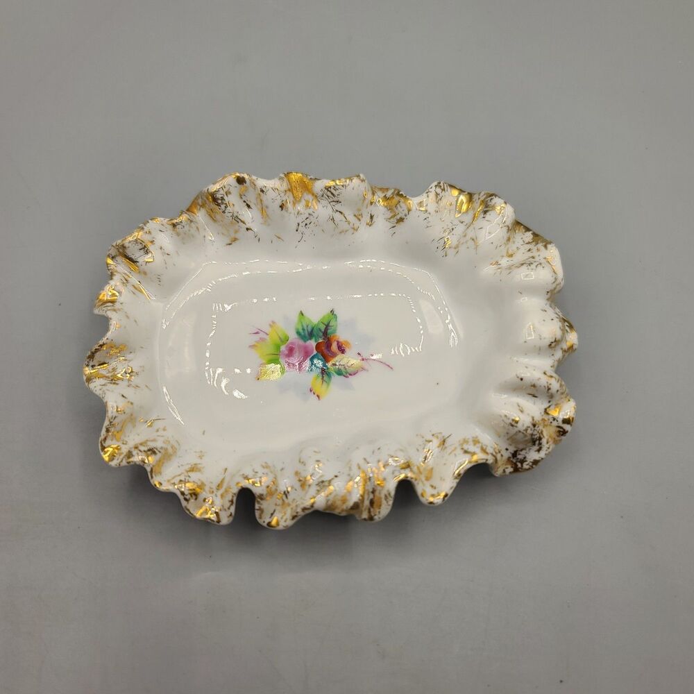 Vintage Lefton Japan Hand Painted Soap Dish 928 Flower Decal Scalloped Gold Trim